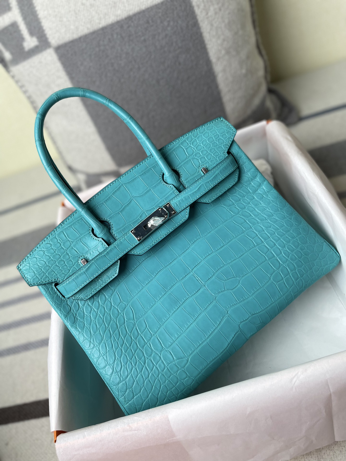 Hermes Birkin 30CM Handmade Bag In Blue Turquoise Crocodile Niloticus Matte Skin